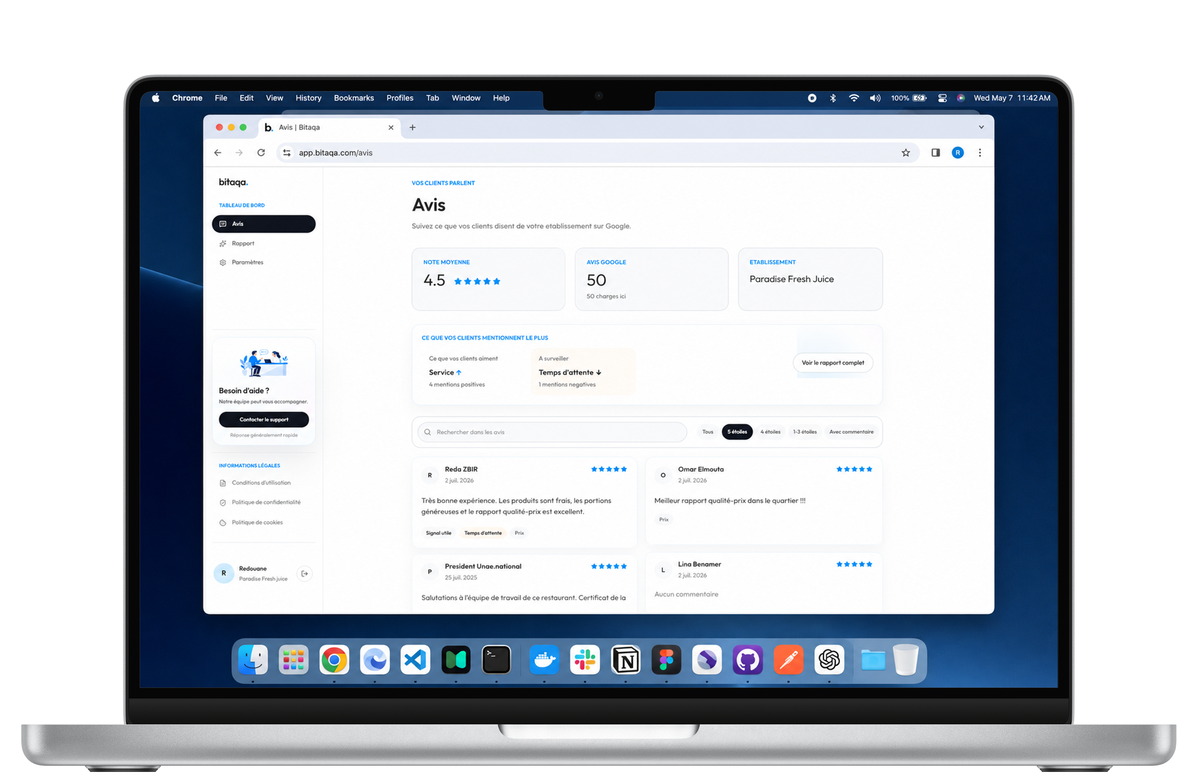 Tableau de bord Bitaqa affiche dans un mockup MacBook