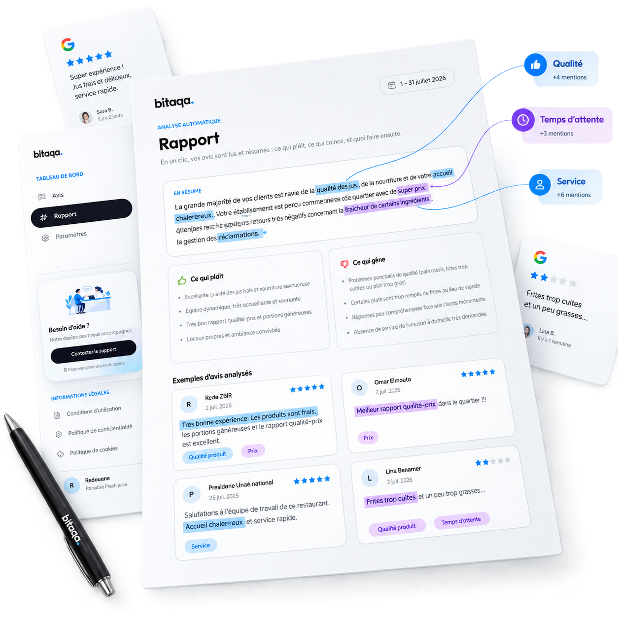 Rapport Bitaqa avec des phrases surlignées reliées aux sujets Qualité, Temps d’attente et Service