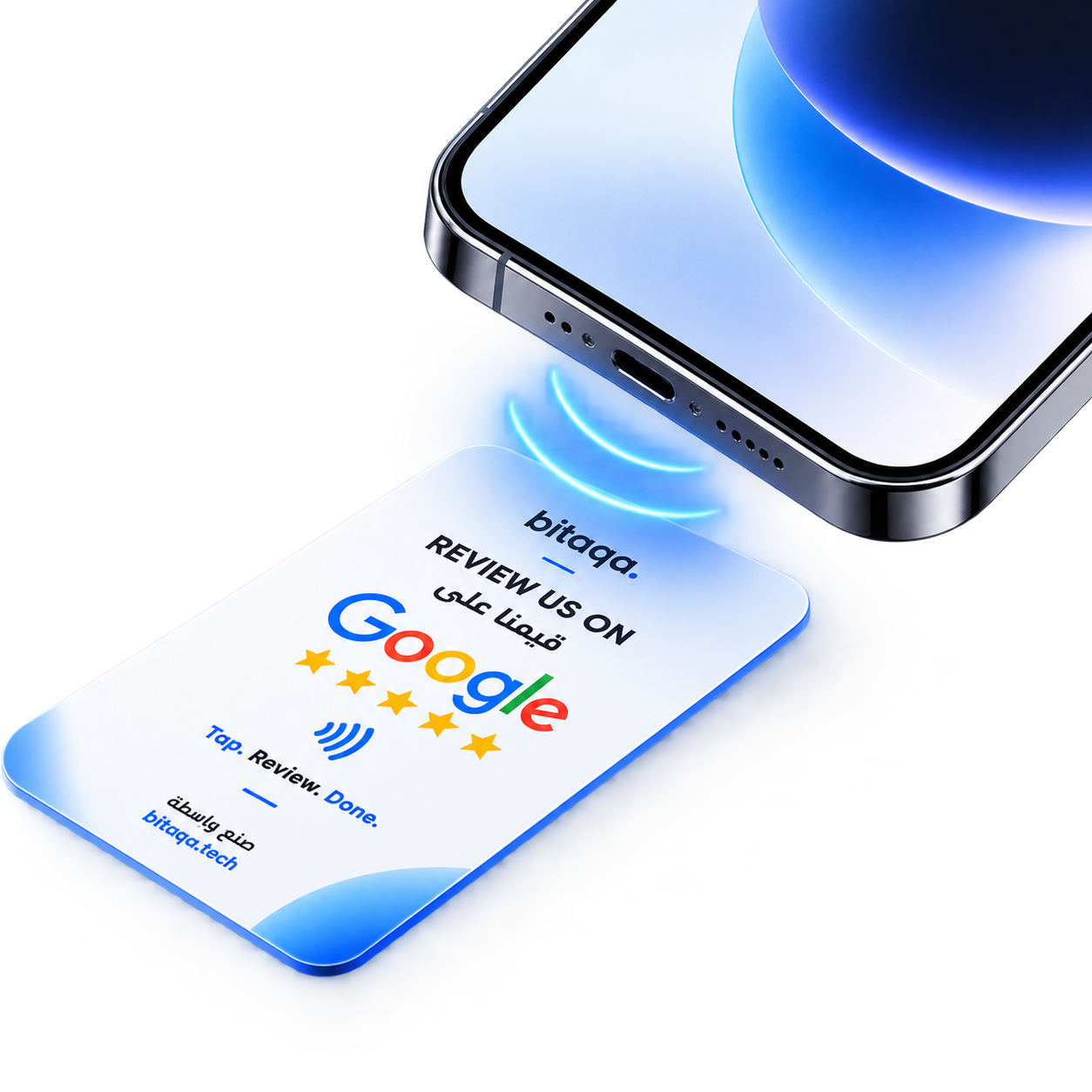 Carte NFC Bitaqa et coin d’un téléphone avec des ondes de contact bleues
